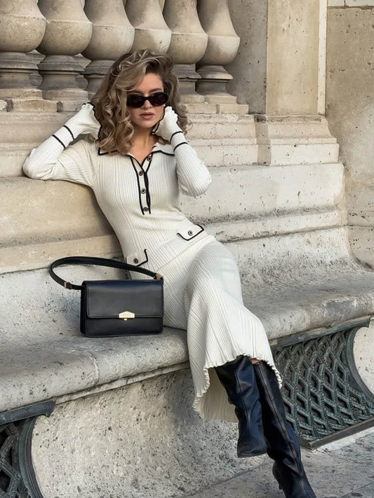Women's Ribbed Knit Midi Dress - Fitted Long Sleeve - Button-Up with Contrast Trim