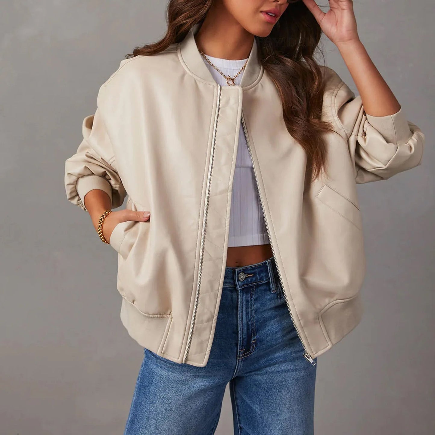Women’s Leather Jacket – Oversized Fit – Zipper Closure – Ribbed Hem – Hip Length