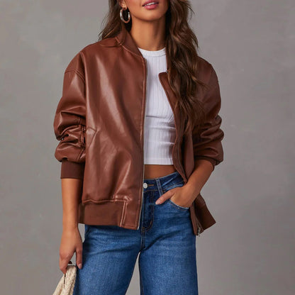 Women’s Leather Jacket – Oversized Fit – Zipper Closure – Ribbed Hem – Hip Length