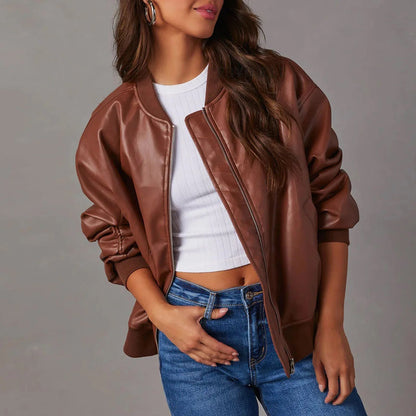 Women’s Leather Jacket – Oversized Fit – Zipper Closure – Ribbed Hem – Hip Length