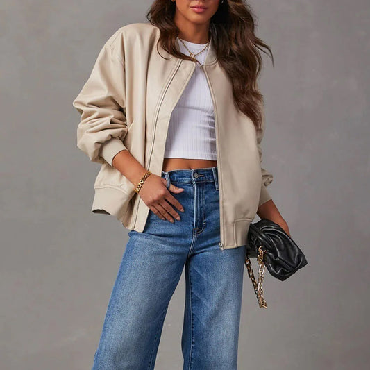 Women’s Leather Jacket – Oversized Fit – Zipper Closure – Ribbed Hem – Hip Length
