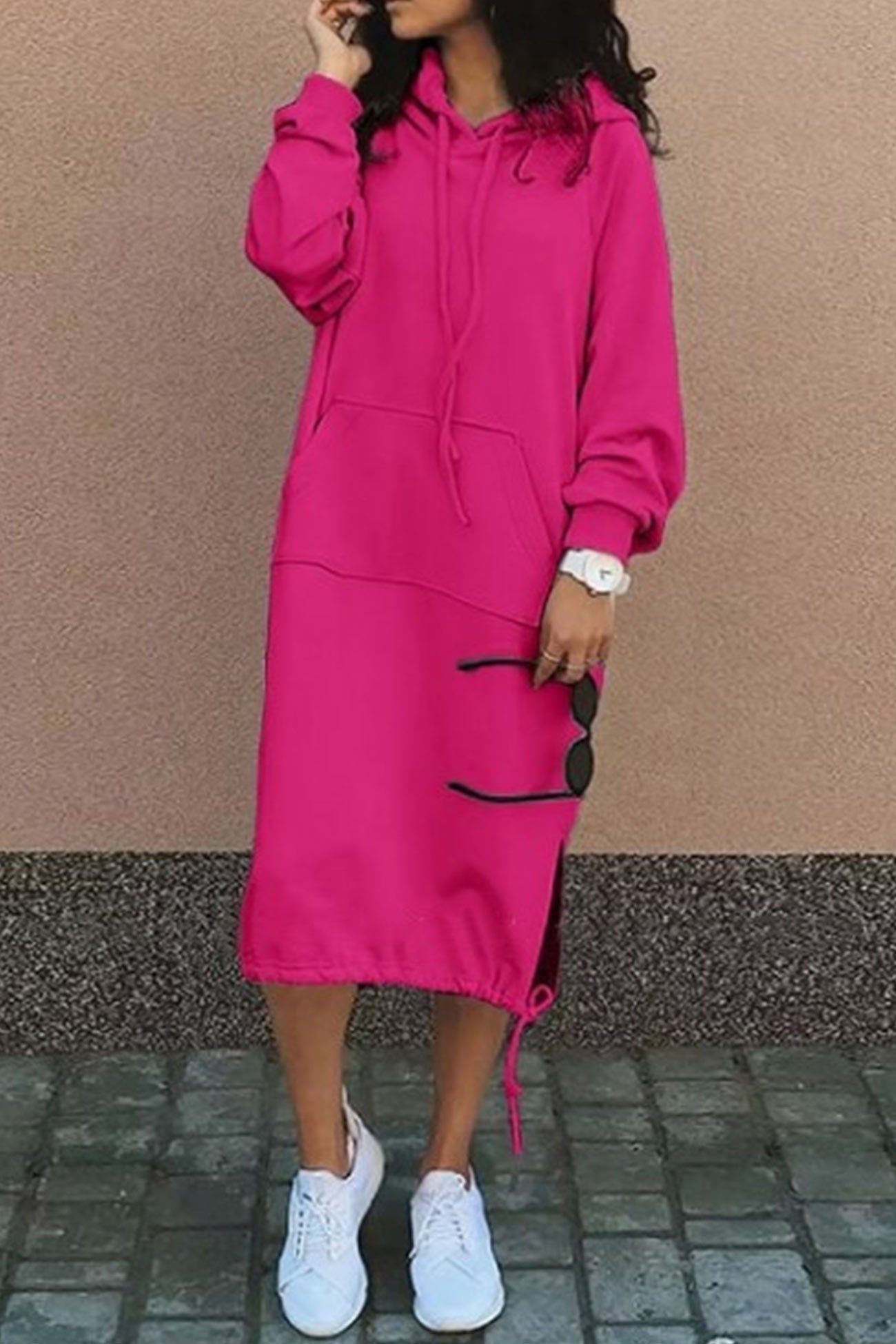 Women's Hoodie Dress - Knee-Length - Drawstring Hood & Hem - Long Sleeve - Kangaroo Pocket