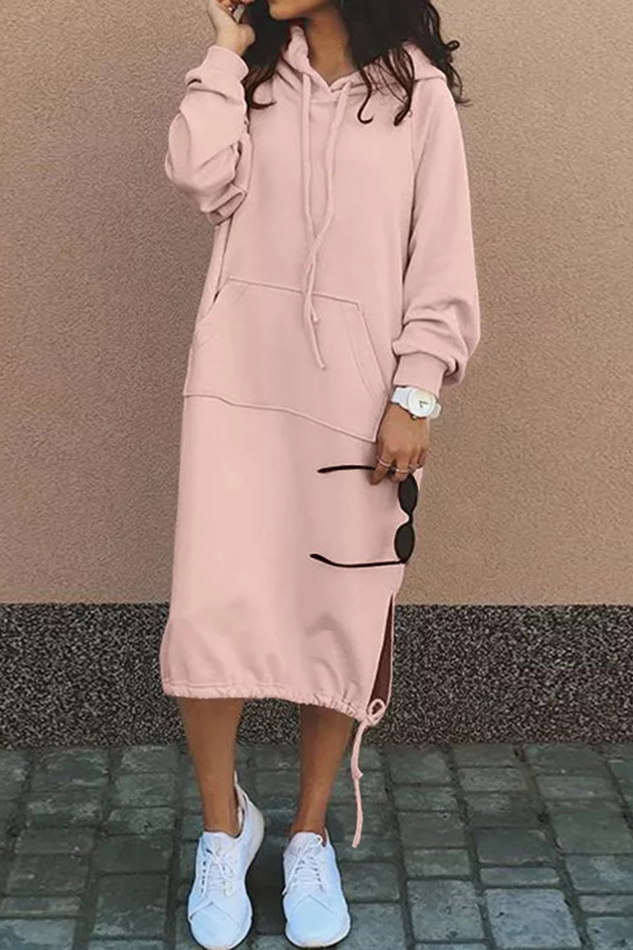 Women's Hoodie Dress - Knee-Length - Drawstring Hood & Hem - Long Sleeve - Kangaroo Pocket