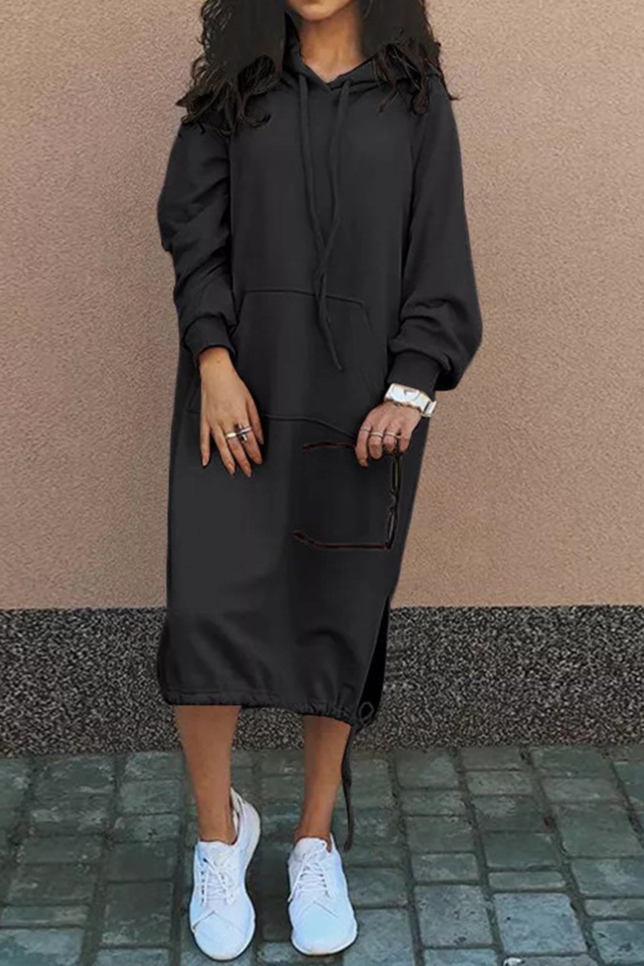 Women's Hoodie Dress - Knee-Length - Drawstring Hood & Hem - Long Sleeve - Kangaroo Pocket