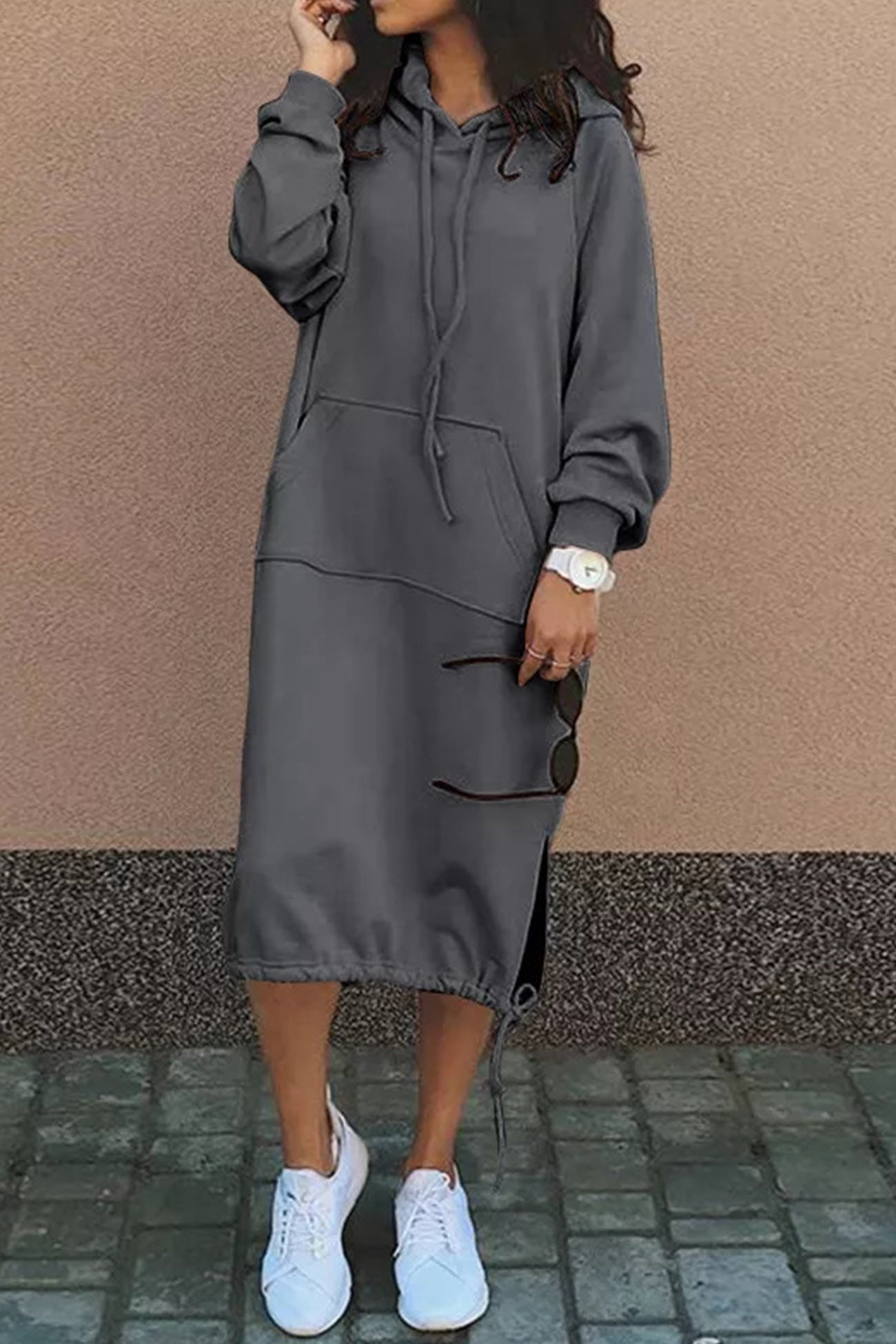 Women's Hoodie Dress - Knee-Length - Drawstring Hood & Hem - Long Sleeve - Kangaroo Pocket