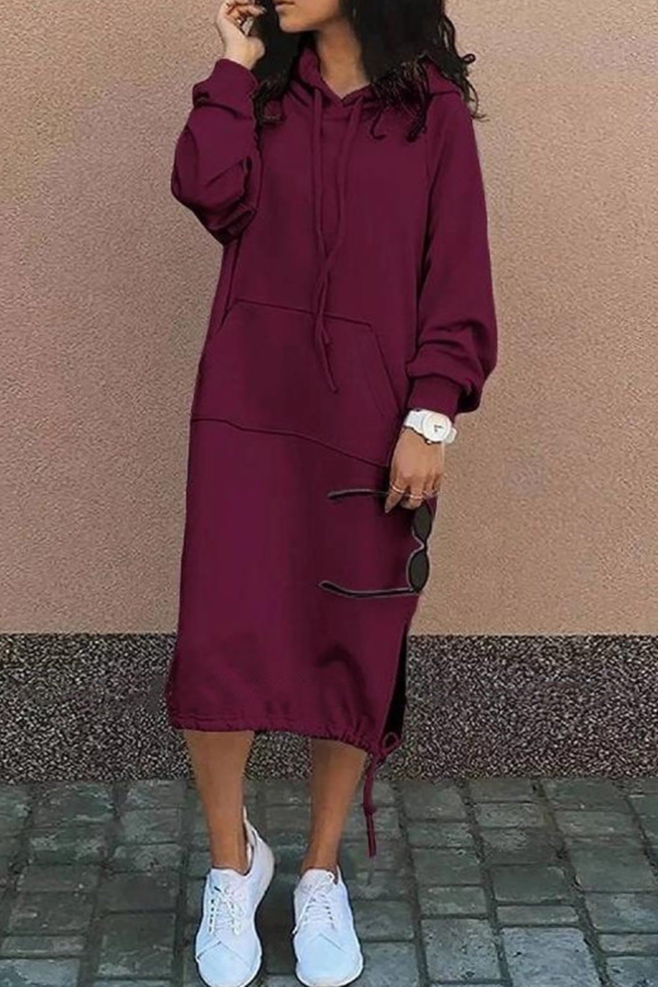 Women's Hoodie Dress - Knee-Length - Drawstring Hood & Hem - Long Sleeve - Kangaroo Pocket