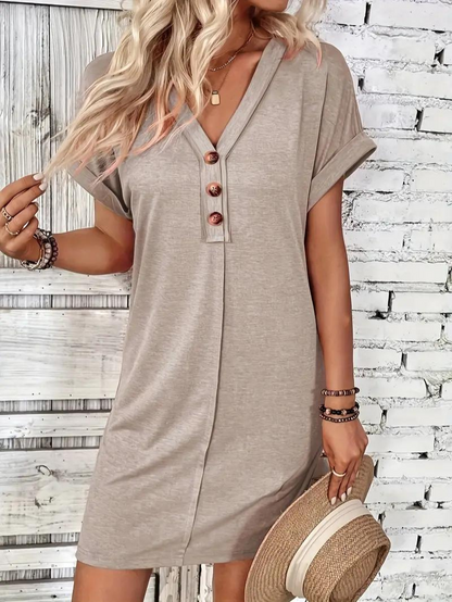 Women's Casual Dress - V-Neck Button Placket - Short Sleeve Relaxed Fit - Lightweight