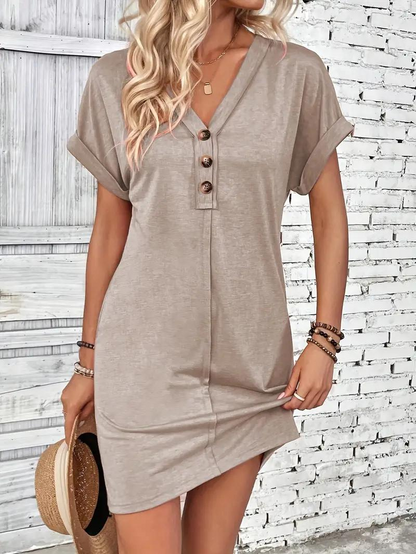 Women's Casual Dress - V-Neck Button Placket - Short Sleeve Relaxed Fit - Lightweight