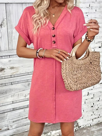 Women's Casual Dress - V-Neck Button Placket - Short Sleeve Relaxed Fit - Lightweight