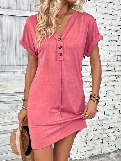 Women's Casual Dress - V-Neck Button Placket - Short Sleeve Relaxed Fit - Lightweight