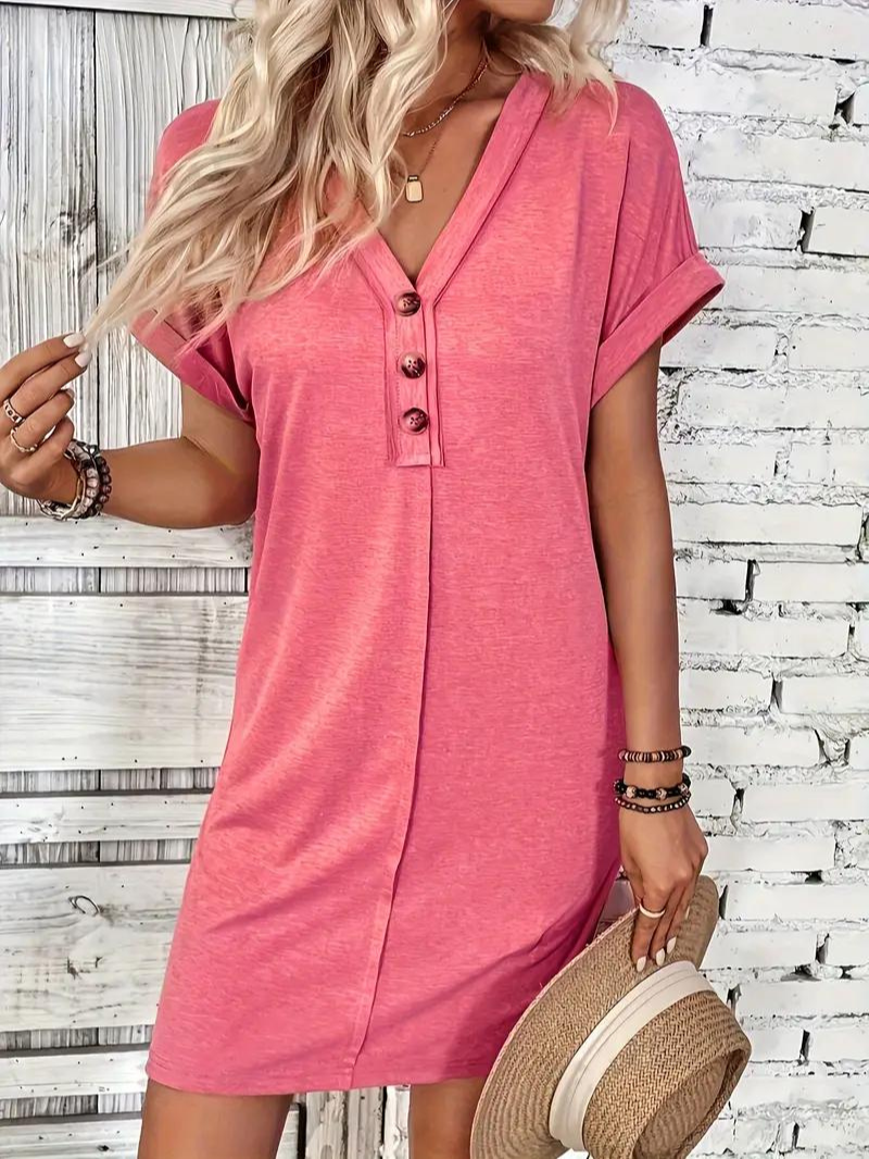 Women's Casual Dress - V-Neck Button Placket - Short Sleeve Relaxed Fit - Lightweight