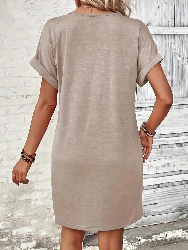 Women's Casual Dress - V-Neck Button Placket - Short Sleeve Relaxed Fit - Lightweight