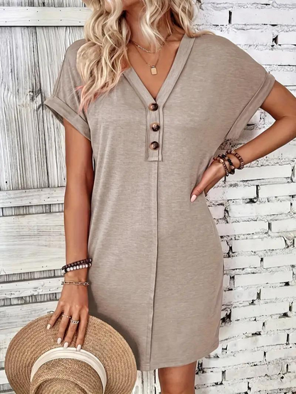 Women's Casual Dress - V-Neck Button Placket - Short Sleeve Relaxed Fit - Lightweight