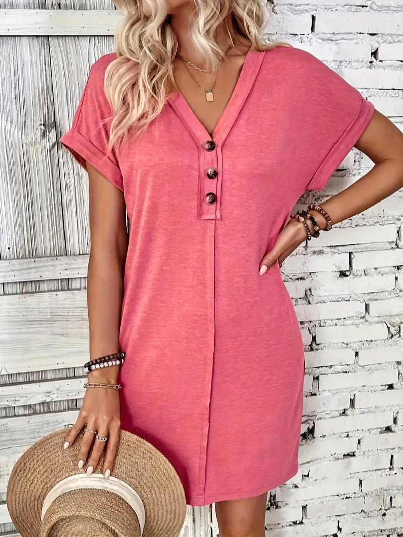 Women's Casual Dress - V-Neck Button Placket - Short Sleeve Relaxed Fit - Lightweight