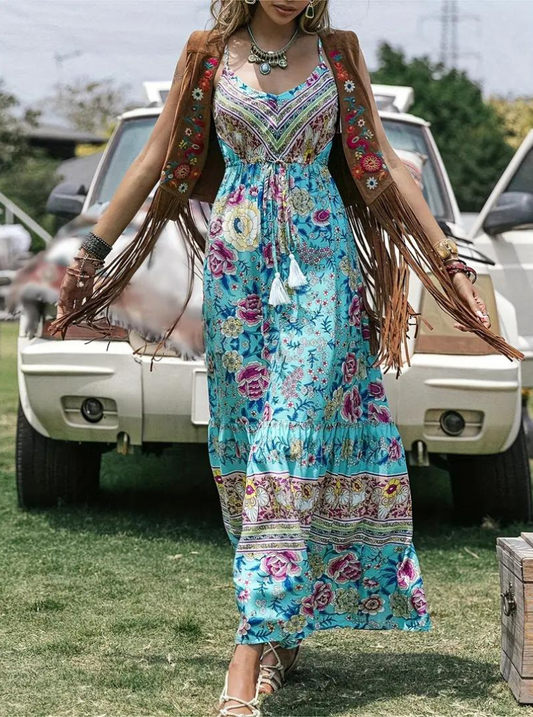 Women's Maxi Dress - Bohemian Style - Floral Print - V-Neck - Ruffled Hem - Tassel Detail