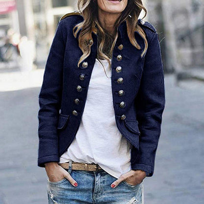 Women’s Blazer – Tailored Fit – Wool Blend – Double-Breasted Military Style – Standing Collar