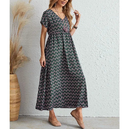 Women's Maxi Dress - V-Neck - Short Sleeve - Empire Waist - Flowing A-Line Skirt