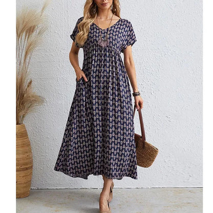 Women's Maxi Dress - V-Neck - Short Sleeve - Empire Waist - Flowing A-Line Skirt