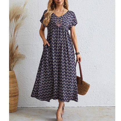 Women's Maxi Dress - V-Neck - Short Sleeve - Empire Waist - Flowing A-Line Skirt