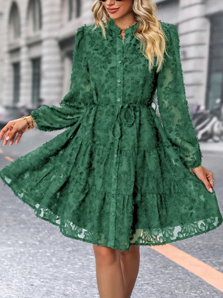 Women's Dress - Lace Texture - Tiered A-Line - Button-Up Front - Long Sleeve - Belted Waist