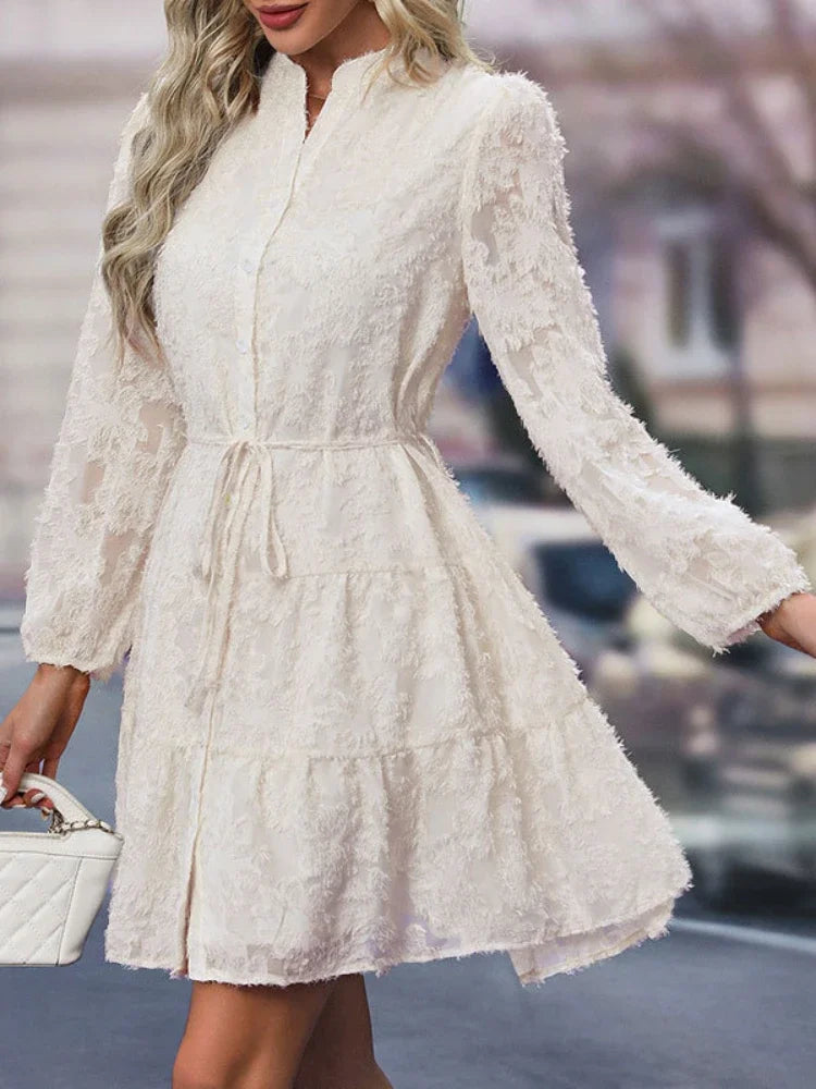 Women's Dress - Lace Texture - Tiered A-Line - Button-Up Front - Long Sleeve - Belted Waist