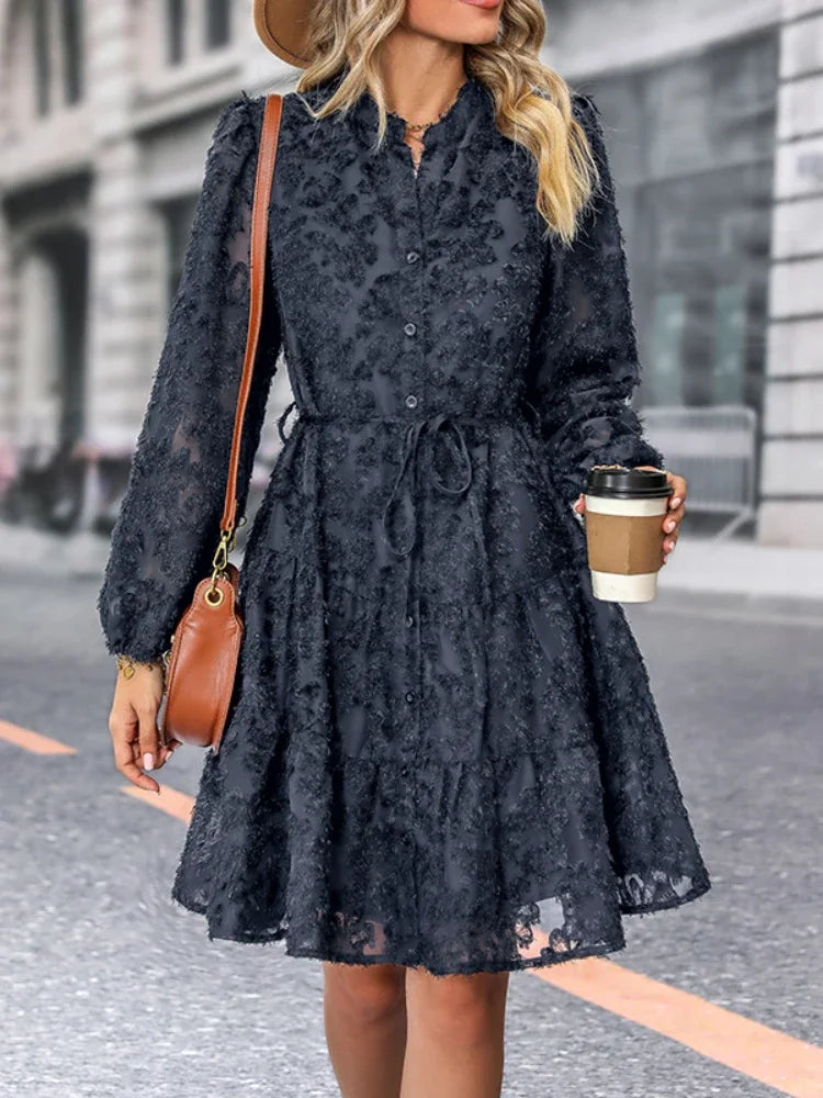 Women's Dress - Lace Texture - Tiered A-Line - Button-Up Front - Long Sleeve - Belted Waist
