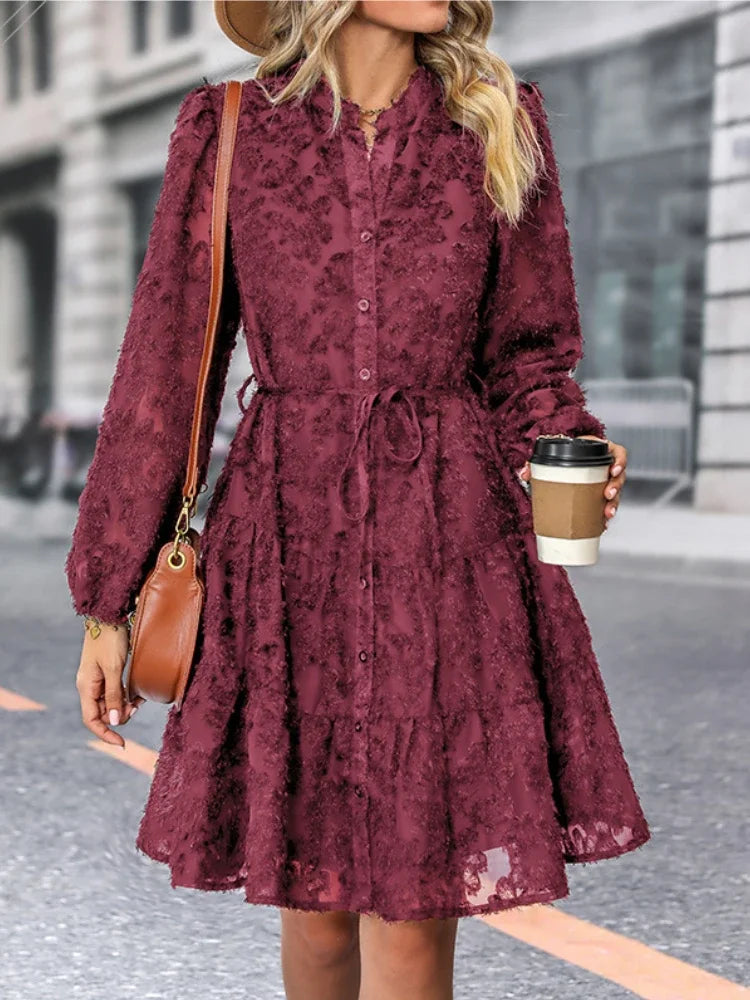 Women's Dress - Lace Texture - Tiered A-Line - Button-Up Front - Long Sleeve - Belted Waist