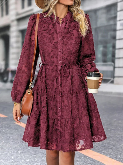 Women's Dress - Lace Texture - Tiered A-Line - Button-Up Front - Long Sleeve - Belted Waist
