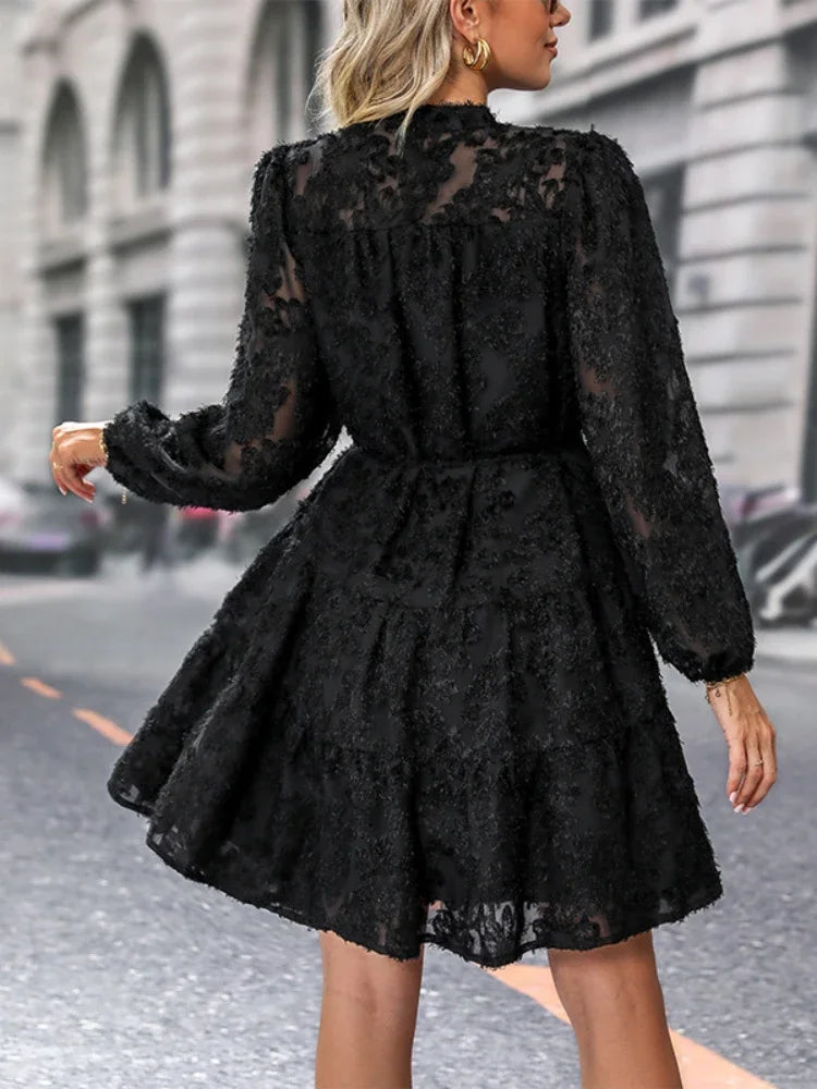 Women's Dress - Lace Texture - Tiered A-Line - Button-Up Front - Long Sleeve - Belted Waist