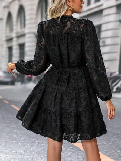 Women's Dress - Lace Texture - Tiered A-Line - Button-Up Front - Long Sleeve - Belted Waist