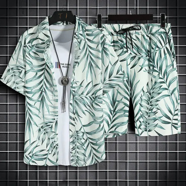 Men's casual tropical print button down coords set