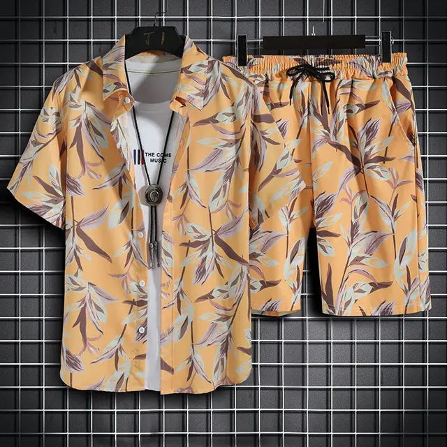 Men's casual tropical print button down coords set