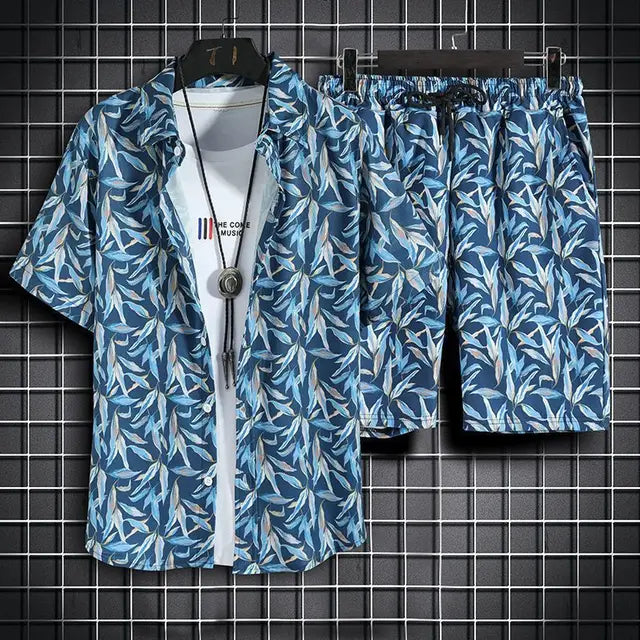 Men's casual tropical print button down coords set