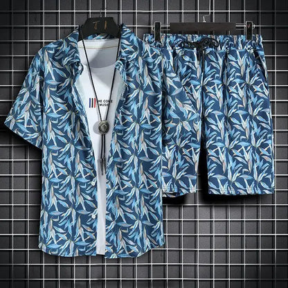 Men's casual tropical print button down coords set