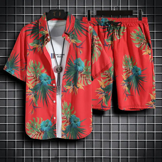 Men's casual tropical print button down coords set