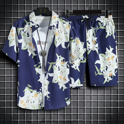 Men's casual tropical print button down coords set