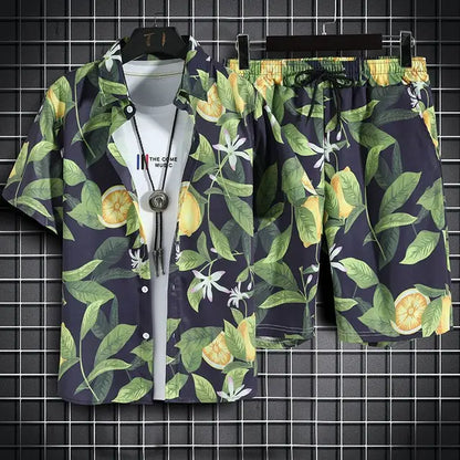 Men's casual tropical print button down coords set