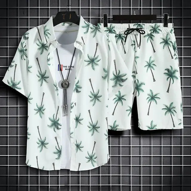 Men's casual tropical print button down coords set