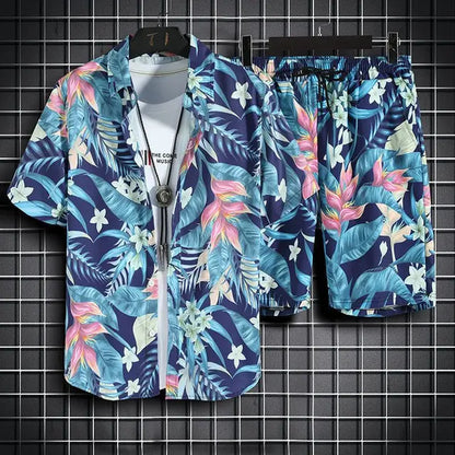 Men's casual tropical print button down coords set