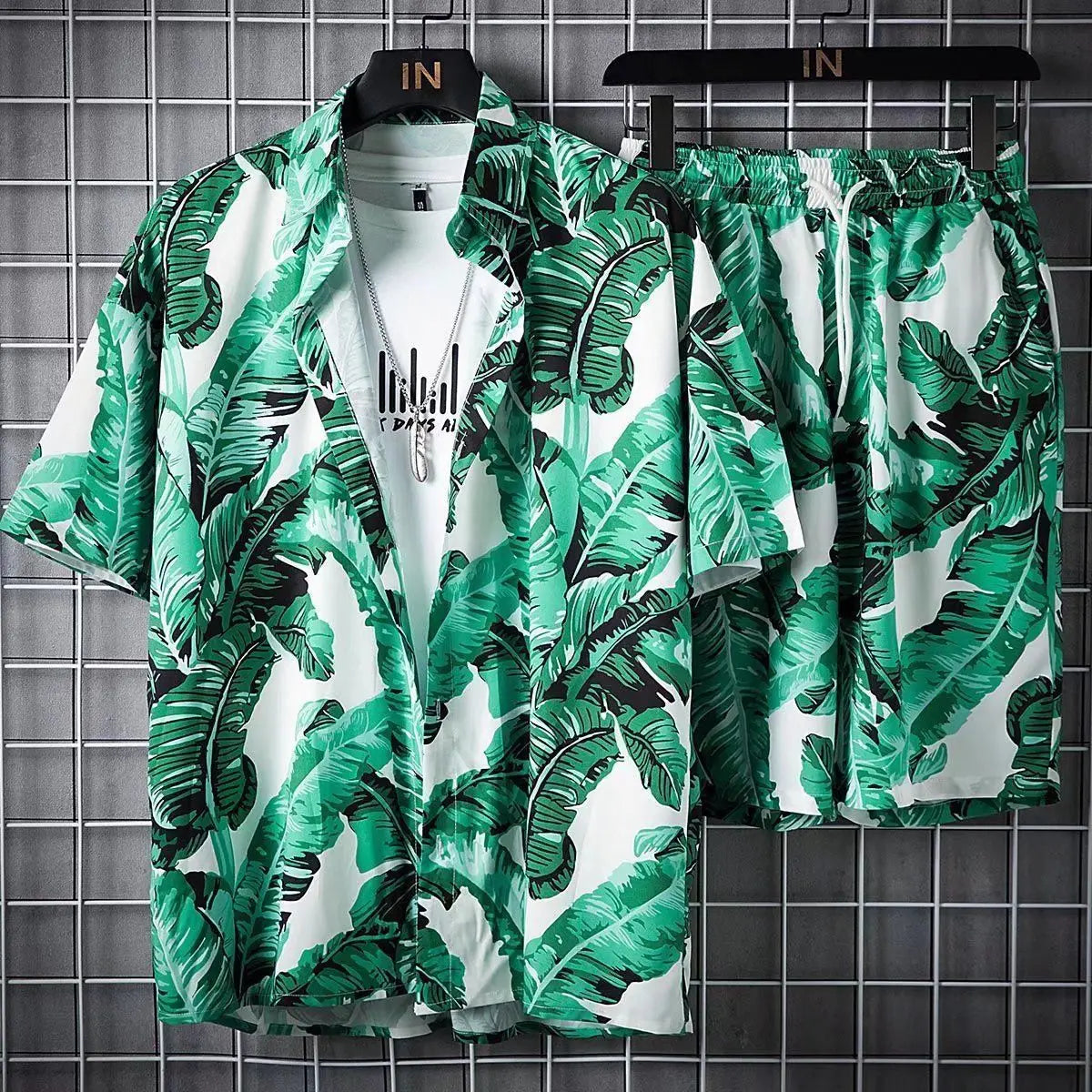 Men's casual tropical print button down coords set