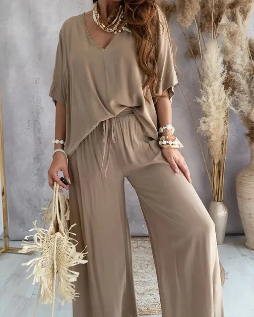 Women's Loungewear Set - V-Neck Batwing Sleeve Top & Wide-Leg Trousers - Soft & Lightweight