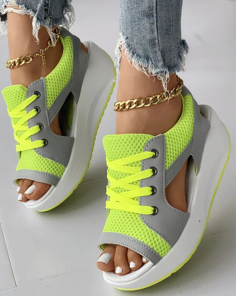 Women’s Platform Sandals – Open Toe – Lace-Up Cut-Out Design