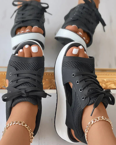 Women’s Platform Sandals – Open Toe – Lace-Up Cut-Out Design