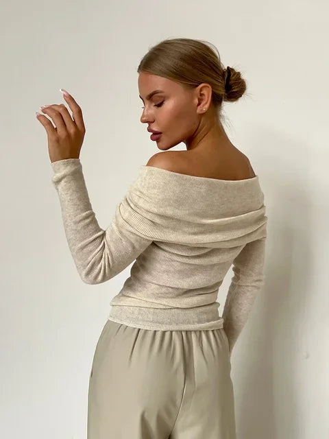 Maisie - Opgevouwen Off Shoulder trui met lange mouwen