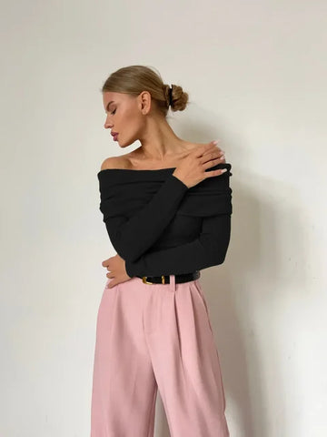 Maisie - Opgevouwen Off Shoulder trui met lange mouwen