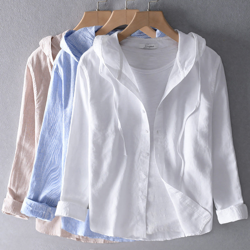 Women's Hooded Button-Up Shirt - Lightweight Cotton - Relaxed Fit - Striped Casual Wear