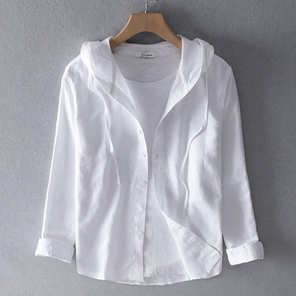 Women's Hooded Button-Up Shirt - Lightweight Cotton - Relaxed Fit - Striped Casual Wear