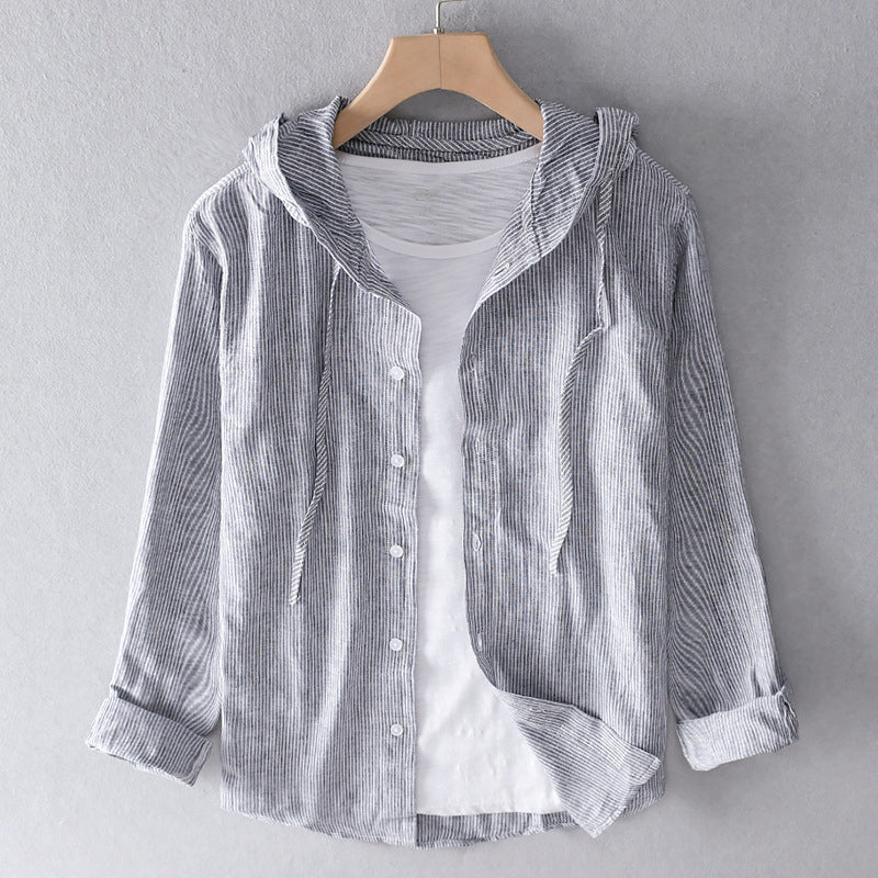 Women's Hooded Button-Up Shirt - Lightweight Cotton - Relaxed Fit - Striped Casual Wear