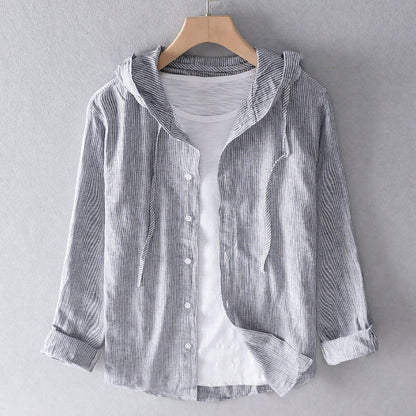 Women's Hooded Button-Up Shirt - Lightweight Cotton - Relaxed Fit - Striped Casual Wear