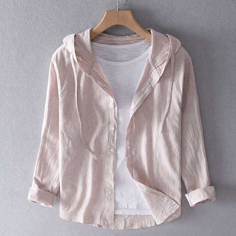 Women's Hooded Button-Up Shirt - Lightweight Cotton - Relaxed Fit - Striped Casual Wear